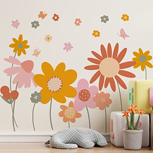 Runtoo Boho-Blumen-Wandaufkleber, Blumenmuster, Retro-Gänseblümchen, Wandkunst, Aufkleber, Garten, Fenster, Wohnzimmer, Mädchen, Schlafzimmer, Kinderzimmer, Heimdekoration von Runtoo