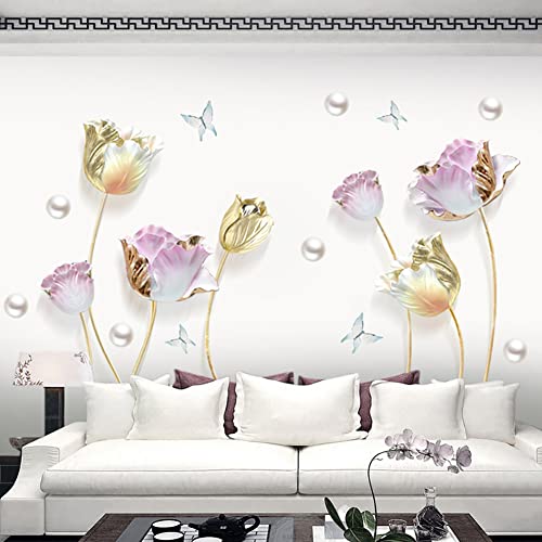 Runtoo Große 3D-Blumen-Wandaufkleber, goldfarbene Tulpen, Wandkunst-Aufkleber für Wohnzimmer, Schlafzimmer, TV-Hintergrund, Wanddekoration von Runtoo