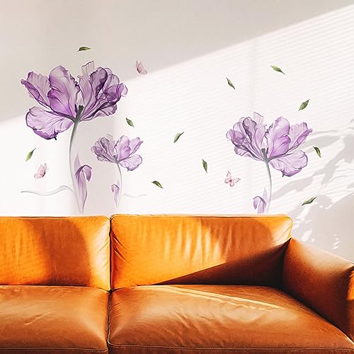 Runtoo Lila Blume Wandaufkleber Mohnblumen Wandkunst Aufkleber für Mädchen Schlafzimmer Wohnzimmer Badezimmer Büro TV Hintergrund Dekor von Runtoo
