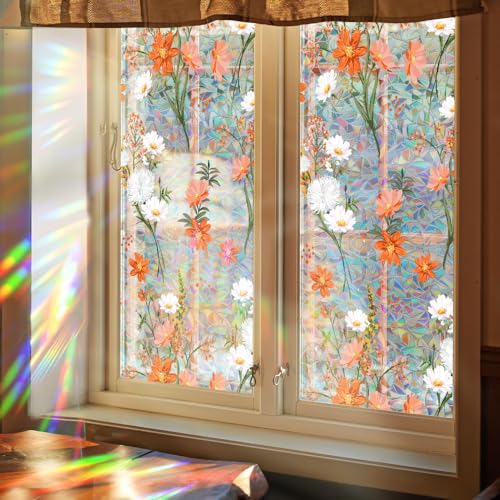 Runtoo Regenbogen-Boho-Gänseblümchen-Sichtschutzfolie, 3D-dekorative Vinyl-Buntglas-Fensteraufkleber, statisch haftende Aufkleber, Nicht klebender Aufkleber, 40 x 101 cm von Runtoo