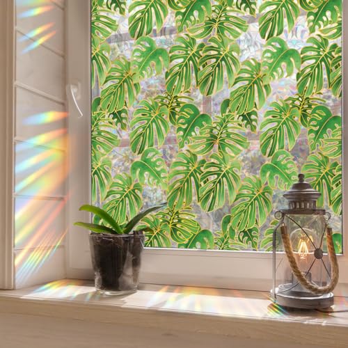 Runtoo Regenbogen-Palmenblätter Sichtschutzfolie – 3D dekorative Vinyl-Buntglas-Pflanzenblätter, statische Fensteraufkleber, nicht klebender Aufkleber, 40 x 101 cm von Runtoo