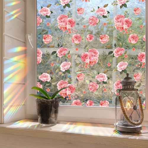 Runtoo Sichtschutzfolie für Fenster, Regenbogen-Rosa, Rose, Blumenmuster, Fensteraufkleber, 3D-Dekor, Vinyl, Buntglas, Pfingstrosen, Blumen, Aufkleber, statischer Aufkleber, nicht klebend, 43,2 x Runtoo Sichtschutzfolie für Fenster, Regenbogen-Rosa, Rose, Blumenmuster, Fensteraufkleber, 3D-Dekor, Vinyl, Buntglas, Pfingstrosen, Blumen, Aufkleber, statischer Aufkleber, nicht klebend, 43,2 x von Runtoo