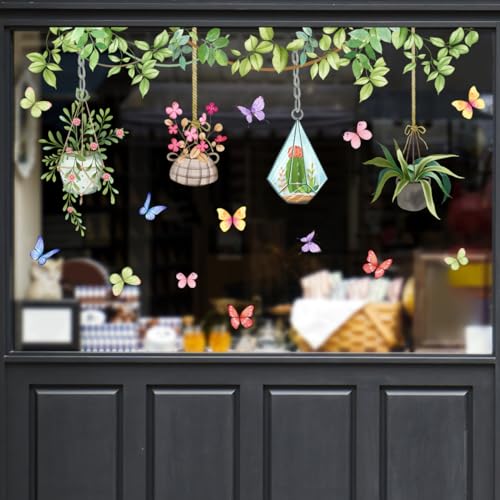 Runtoo Fensteraufkleber Blumen Frühling Topfpflanze Fenster Abziehbilder Hängende Pflanzen Blätter Fensterfolie Glas Fensterdeko Aufkleber von Runtoo