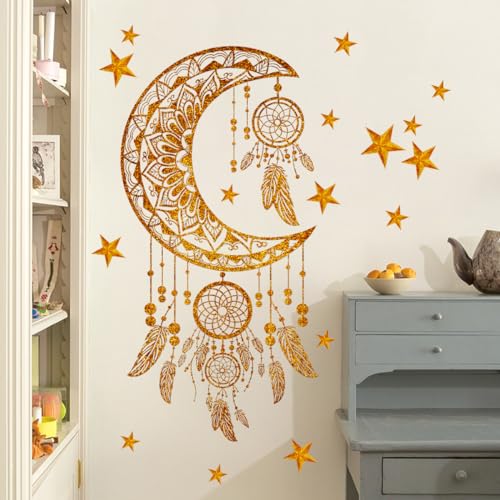 Runtoo Traumfänger-Wandaufkleber mit goldenen Sternfedern, für Schlafzimmer, Mädchen, Kinderzimmer, Heimdekoration von Runtoo