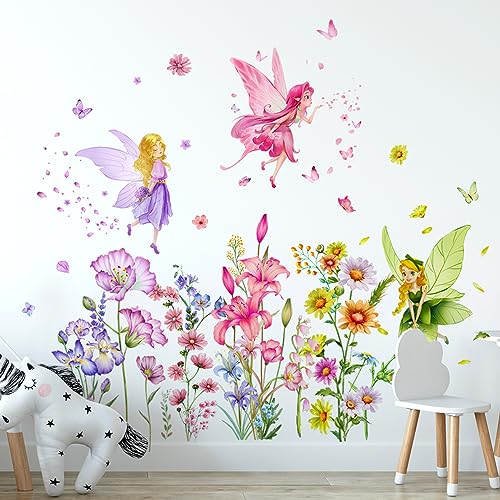 Runtoo Große Feen-Wandaufkleber, Blume, Schmetterling, Elfe, Wandaufkleber, Mädchen, Schlafzimmer, Kinderzimmer, Babyzimmer, Wanddekoration von Runtoo