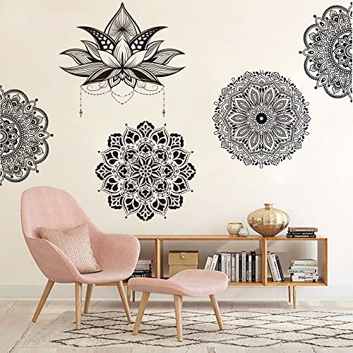 Runtoo Mandala-Blumen-Wandaufkleber, schwarz, Boho-Lotus, Blumen-Wandaufkleber für Wohnzimmer, Schlafzimmer, Yoga, Kopfteil, indisches Dekor von Runtoo