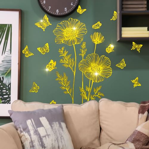 Runtoo Wandaufkleber mit goldfarbenen Blumen, zum Abziehen und Aufkleben, goldener Schmetterling, Wandsticker für Wohnzimmer, Schlafzimmer, Badezimmer, Büro, Dekor Runtoo Wandaufkleber mit goldfarbenen Blumen, zum Abziehen und Aufkleben, goldener Schmetterling, Wandsticker für Wohnzimmer, Schlafzimmer, Badezimmer, Büro, Dekor von Runtoo
