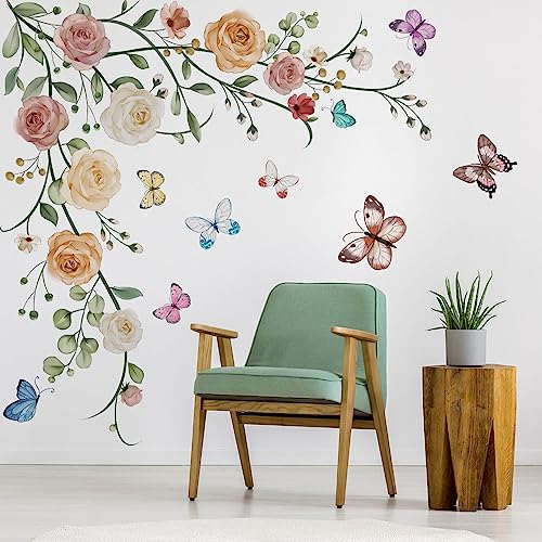 Runtoo Wandsticker mit Blumenranken zum Aufhängen, Pfingstrose, Blumen, Schmetterling, Wandaufkleber für Mädchen, Schlafzimmer, Wohnzimmer, TV-Hintergrund, Heimdekoration von Runtoo