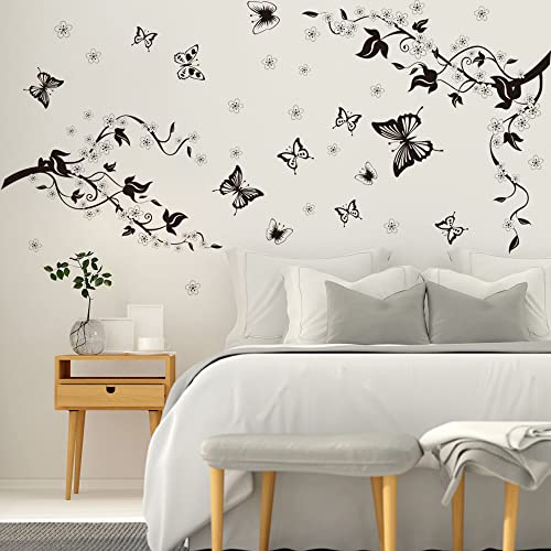 Runtoo Wandtattoo Baum Vögel Blumenranke Wandsticker Schwarze Blumen Wandaufkleber Wohnzimmer Schlafzimmer Kinderzimmer von Runtoo