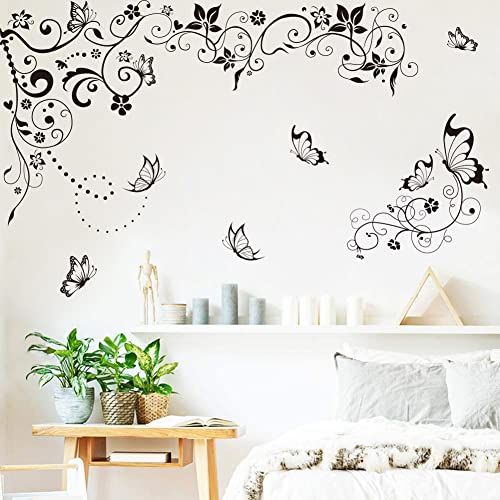 Runtoo Wandtattoo Blumenranke Hängende Rebe Schmetterling Wandsticker Schwarze Blumen Wandaufkleber Wohnzimmer Schlafzimmer Kinderzimmer von Runtoo