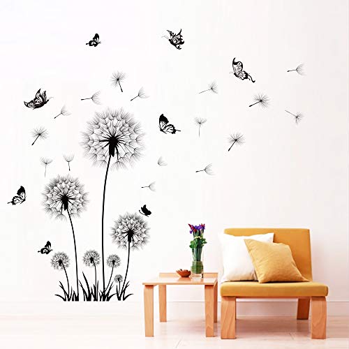 Runtoo Wandtattoo Pusteblume Schmetterling Wandsticker Schwarz Blumen Wandaufkleber Kinderzimmer Wohnzimmer Schlafzimmer von Runtoo