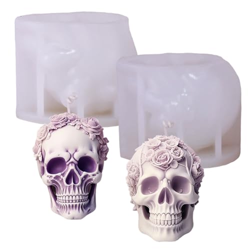 Halloween Silikonformen 2pcs 3D Blumenschädel Kerzeform mit klarer Textur leicht zu reinigen und zu demolden, auffällige Schädeldekoration für Home Shop Haunted House von Ruqingg