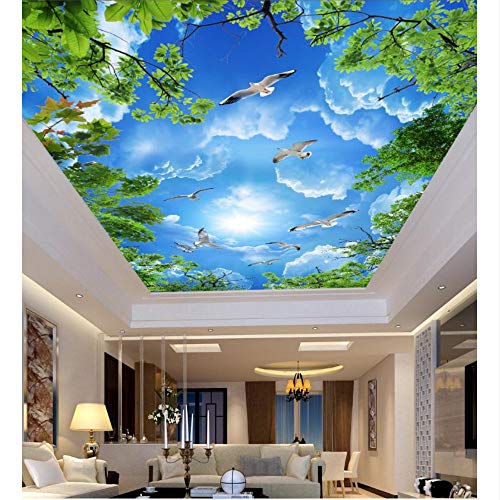 Rureng Fototapete Des Blauen Himmels Blauer Himmel Weiße Wolken Grüne Blätter Fotopapier Des Fotowandes 3D Für Wohnzimmerhimmel-Deckentapete-280X200Cm von Rureng