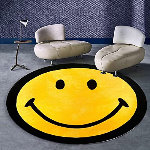 Modern Designer Runden Groß Teppiche Kreatives Cartoon-Smiley-Gesicht schwarz und gelb für Wohnzimmer Kinderteppiche Flauschige Runden Groß Schutzmatten ø 90CM von Rururug