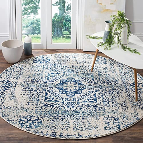 Rururug Modernes Design Runden Teppich rutschfeste, Kurzflor Teppich Orientalisches Medaillon Distressed Elfenbein/Blau Treppe Waschküche Teppich Küche Bodenmatte Waschbar Teppich ø 60CM von Rururug