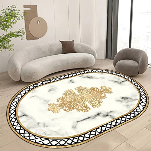 Ovaler Teppich, Maschinenwaschbare, rutschfeste Unterseite, Luxuriöser weißer Goldener Marmor Weicher Kurzflor-Teppich, schmutzabweisend, Polyester 200 X 200 cm von Rururug