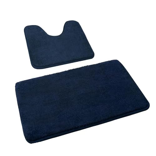 Rururug Badezimmerteppich Set 2 Teilig, Weiche Mikrofaser Badezimmermatte und wc Vorleger mit Ausschnitt, rutschfeste Badematte, Waschbar Badvorleger Set Marineblau, 50x80+50x40 cm von Rururug
