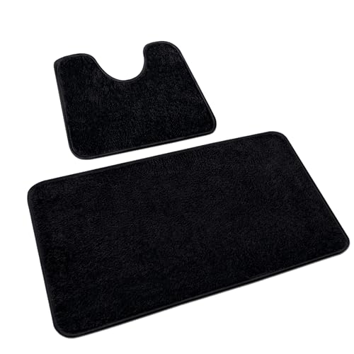 Rururug Badezimmerteppich Set 2 Teilig, Weiche Mikrofaser Badezimmermatte und wc Vorleger mit Ausschnitt, rutschfeste Badematte Schwarz Badteppich, Waschbar Badvorleger Set, 50x80+50x40 cm von Rururug