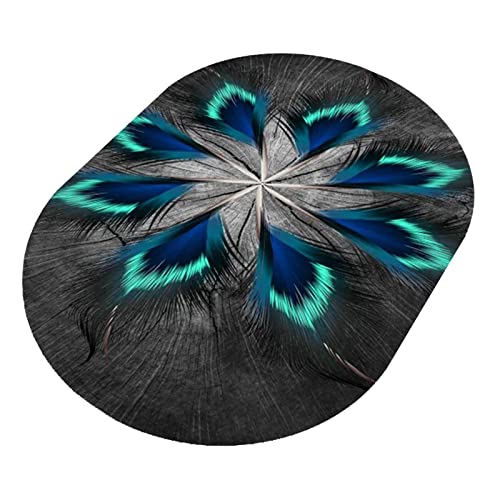 Rururug Designer Teppich Modern Wohnzimmer Rug fleckenresistent Schwarzblaue türkisfarbene Federn (Oval 120 x 180 cm) von Rururug