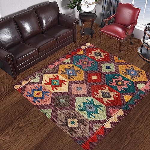 Rururug Quadratisch Teppich Kurzflor,Brown,Square 150 x 150 cm,Mehrfarbig Braun, Smaragdgrün, Orange Gelb, Rot Rosa, Dunkelblau Patchwork Vintage Muster Bunt,Wohnzimmer Schlafzimmer Deko von Rururug