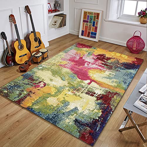 Rururug Rechteckig Teppich Kurzflor Waschbarer Schlafzimmer Dekoration Aesthetic Wohnzimmer Carpet Living Room Indoor Outdoor, Abstraktes buntes grünes rosa Gelb 140 x 200 cm von Rururug