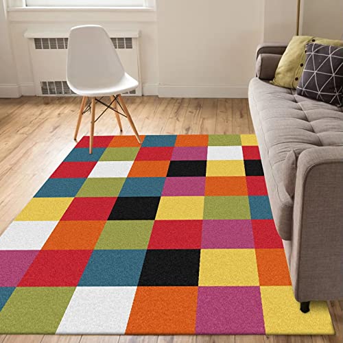 Rururug Rechteckig Teppich Moderner Läufer Orientteppich Kurzflor Flur Schlafzimmer Küche Wohnzimmer rutschfest Waschbar, bunt Kariertes Design 90 x 150 cm von Rururug