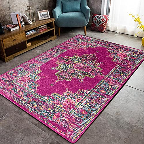 Rururug Rechteckig Teppich Wohnzimmer Kurzflor mit Antirutschmatte Schlafzimmer Teppiche Anti-Rutsch Unterseite fürs Sofa,Fuchsia Vintage Blumen Rectangular 120 x 160 cm von Rururug