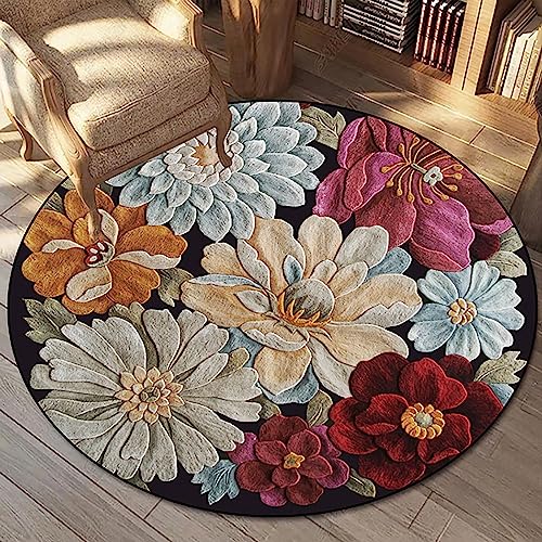 Rururug Rund Teppich Modern Designer Wohnzimmer Teppich Ø 80 cm Outdoor Teppiche Dekorative Kurzer Plüsch Teppich Runder Fußmatte gelbe rote Blume von Rururug