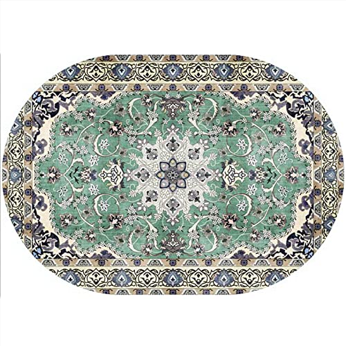 Rururug Teppich Oval Kurzflor Modern Design rutschfest Waschbar Teppiche Korridor Schlafzimmer, Küche, Wohnzimmer, Grün-Gelb-Vintage-Blumendekor Oval 100 x 160 cm von Rururug