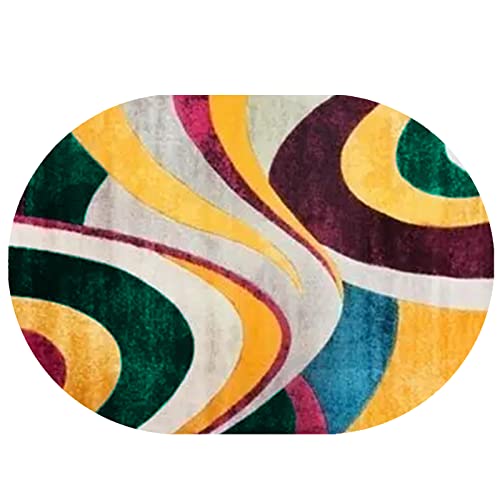 Rururug Teppich Oval Weich Kurzflor Flurläufer rutschfest Waschbar Teppiche Korridor Bett Sofa Kinderzimmer,Gelb-grüne mehrfarbige geometrische Streifen,Oval 90 x 150 cm von Rururug