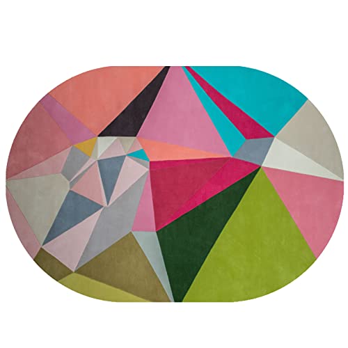 Rururug Teppich Oval Weich Kurzflor Flurläufer rutschfest Waschbar Teppiche Korridor Bett Sofa Kinderzimmer,Grüne mehrfarbige Dreiecksgeometrie,Oval 90 x 150 cm von Rururug
