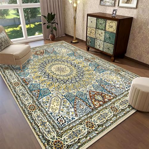 Rururug Teppich Wohnzimmer 160 x 230 cm, Klassischer Tradition Blumenmuster, Waschbar Teppich rutschfest FüR Esszimmer, KüChe, BüRo, Teppich Schlafzimmer Beige, Gelb, Braun. von Rururug