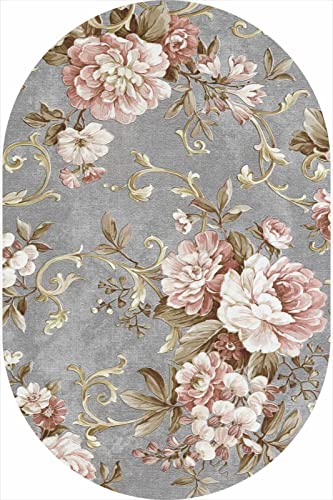 Rururug Teppich Wohnzimmer Moderner Designer Großer Teppich Ovaler Teppich grau mit rosa Blumen für Schlafzimmer Küchenstuhl Matte Kinderzimmer 120 x 160 cm von Rururug