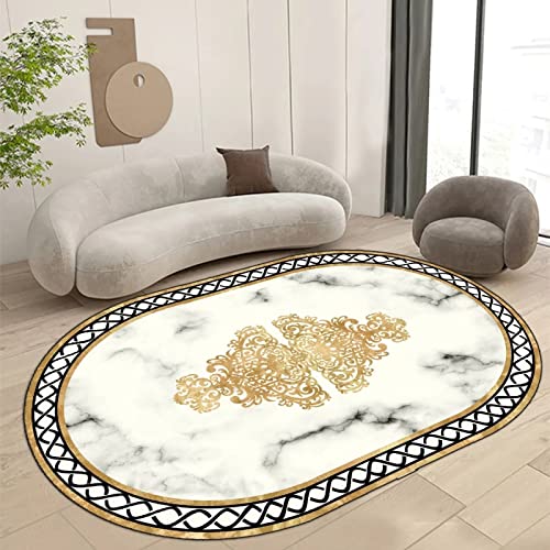 SRTJURFG Modern Contemporary Design Flächenteppich Oval, Luxuriöser weißer Goldener Marmor Rutschfester, langlebiger, weicher Teppich 150 X 180 cm von Rururug