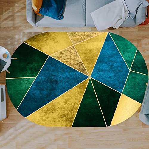 Teppich,Turquoise Blue, Oval 90 x 150 cm, Grün gelb Gold geometrisch Design, Teppich Oval Weich Kurzflor rutschfest Waschbar Teppiche Korridor Bett Sofa Kinderzimmer, von Rururug