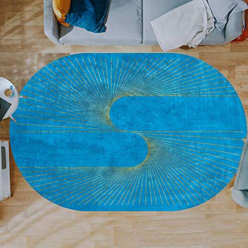 Rururug Teppich,Turquoise Blue, Oval 90 x 150 cm, Gold line Design, Teppich Oval Weich Kurzflor rutschfest Waschbar Teppiche Korridor Bett Sofa Kinderzimmer, von Rururug