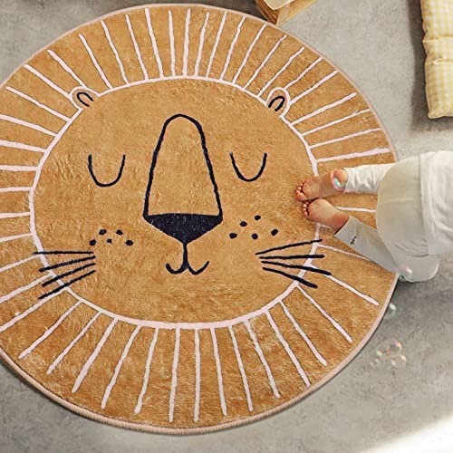 Teppich Kurzflor Rund ø 60 cm, Braun gelb wenig Löwe Kopf Muster, Kinderzimmer, Moderner Super weich klein Teppiche Matte Kinderteppich Kinderzimmerteppich von Rururug