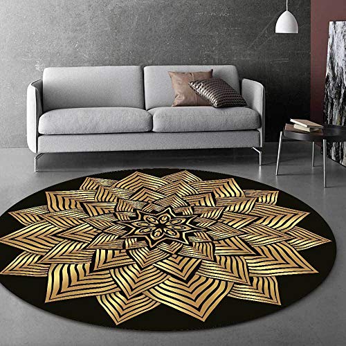 Teppich Rund Art Deco Teppich Goldene Blume auf Schwarz Moderner Anti-Rutsch Bodenmatte Home Schlafzimmer Büro Wohnzimmer 100CM von Rururug