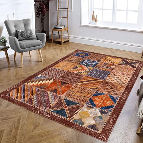 Teppich Wohnzimmer, Rotbraun, gebranntes Orange, Marineblau, Dunkelblau, Mehrfarbig Vintage Patchwork Design,Blue,Rectangular 160 x 230 cm von Rururug