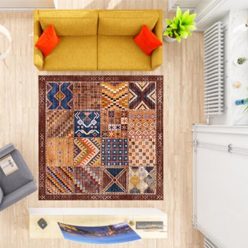 Teppich Wohnzimmer, Rotbraun, gebranntes Orange, Marineblau, Dunkelblau, Mehrfarbig Vintage Patchwork Design,Blue,Square 110 x 110 cm von Rururug