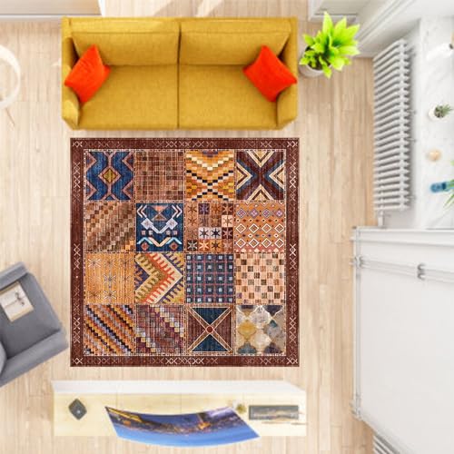 Teppich Wohnzimmer, Rotbraun, gebranntes Orange, Marineblau, Dunkelblau, Mehrfarbig Vintage Patchwork Design,Blue,Square 200 x 200 cm von Rururug