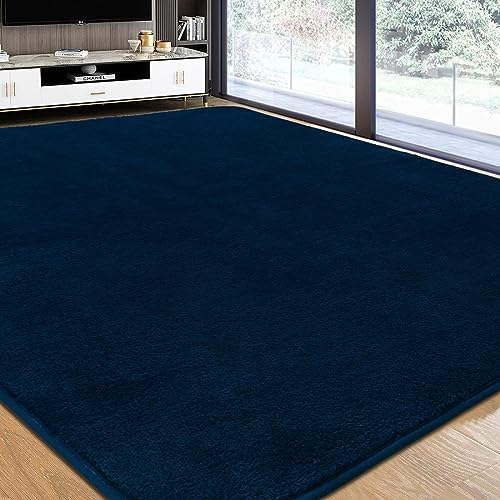 Teppiche Wohnzimmer groß 160 x 230 cm super weiche und flauschige Teppiche für Schlafzimmer, moderne, einfarbige, flauschige Flächenteppiche, maschinenwaschbar, Anti-Rutsch-Teppich, Marineblau von Rururug