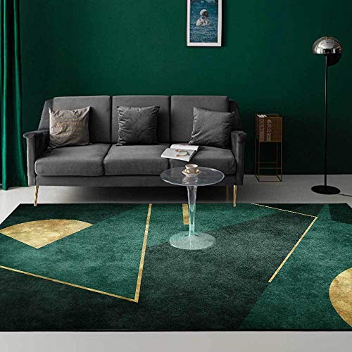 Rururug Wohnzimmer Teppich groß rutschfest Schlafzimmer Küche Teppich Smaragd einfache dunkelgrüne goldene Geometrie Modern Designer Kurzflor Teppich 160X200CM von Rururug