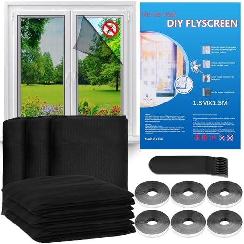 Ruryxel 6 Stück Fliegengitter Fenster, Insektenschutz Fenster 130 x 150 cm, DIY Moskitonetz Fenster, Mückengitter Fenster mit Klettband+Presshilfe, Fensternetz Insektenschutz für Fenster und Türen von Ruryxel