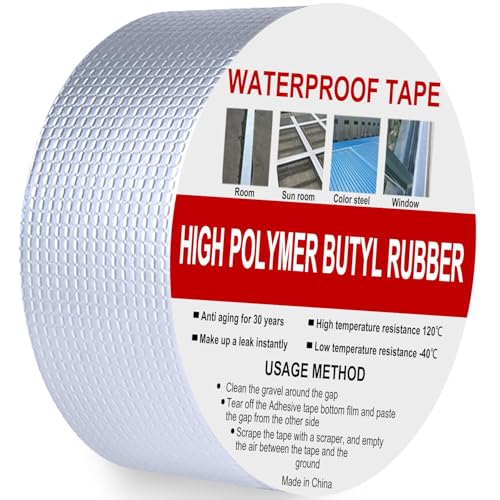 Rusoz Butylband Wasserdichtes Klebeband 50mm x 5m, Dichtband Selbstklebend Wasserdicht Aluminium Klebeband Zur Reparatur Für Dachleckage Oberflächenriss Wohnwagen Rohr Glas Fenster, Silber von Rusoz