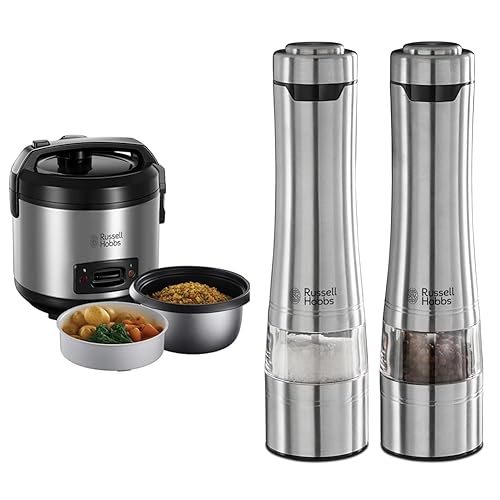 Bundle Set: Russell Hobbs Reiskocher [Testsieger] 1,2l inkl. Dampfgarer -Einsatz mit Aroma-Klappdeckel 27080-56 + Salz und Pfeffer Mühle elektrisch 23460-56 von Russell Hobbs