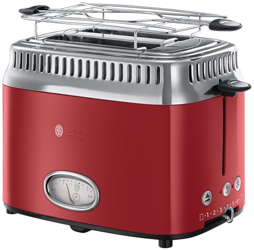 Russell Hobbs Toaster [für 2 Scheiben] Retro Edelstahl Rot (Countdown-Anzeige im Retrodesign, inkl. Brötchenaufsatz, 6 Bräunungsstufen + Auftau- & Aufwärmfunktion, 1300W) Vintage 21680-56 von Russell Hobbs