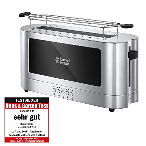 Russell Hobbs Toaster [Langschlitz für 2 Scheiben / 1 breite Brotscheibe] Elegance Glas/Edelstahl (extra breiter Toastschlitz, inkl Brötchenaufsatz,6 Bräunungsstufen + Auftau-&Aufwärmfunktion)23380-56 von Russell Hobbs