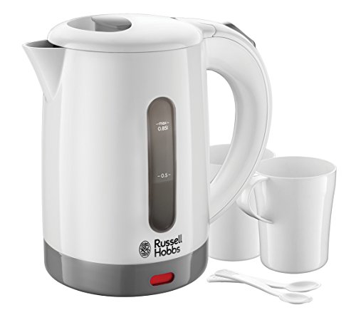 Russell Hobbs Wasserkocher klein [0,85l Reisewasserkocher mit weltweiter Spannungsanpassung] Travel (1000W, inkl. 2 Tassen & 2 Teelöffel, optimierte Ausgusstülle, kompakter kleiner Teekocher) 23840-70 von Russell Hobbs