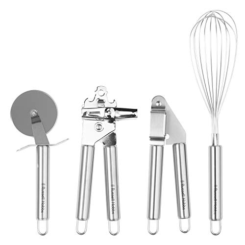 Russell Hobbs Küchenwerkzeug-Set aus Edelstahl RH00124, silberfarben, Umfasst Pizzaschneider, Schneebesen, Knoblauchpresse Und Dose/Zinnöffner, Rostfreier Stahl, 4 Stück von Russell Hobbs